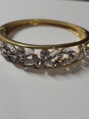 Gold Tone Crystal Floral Bangle Bracelet - Women Jewelry